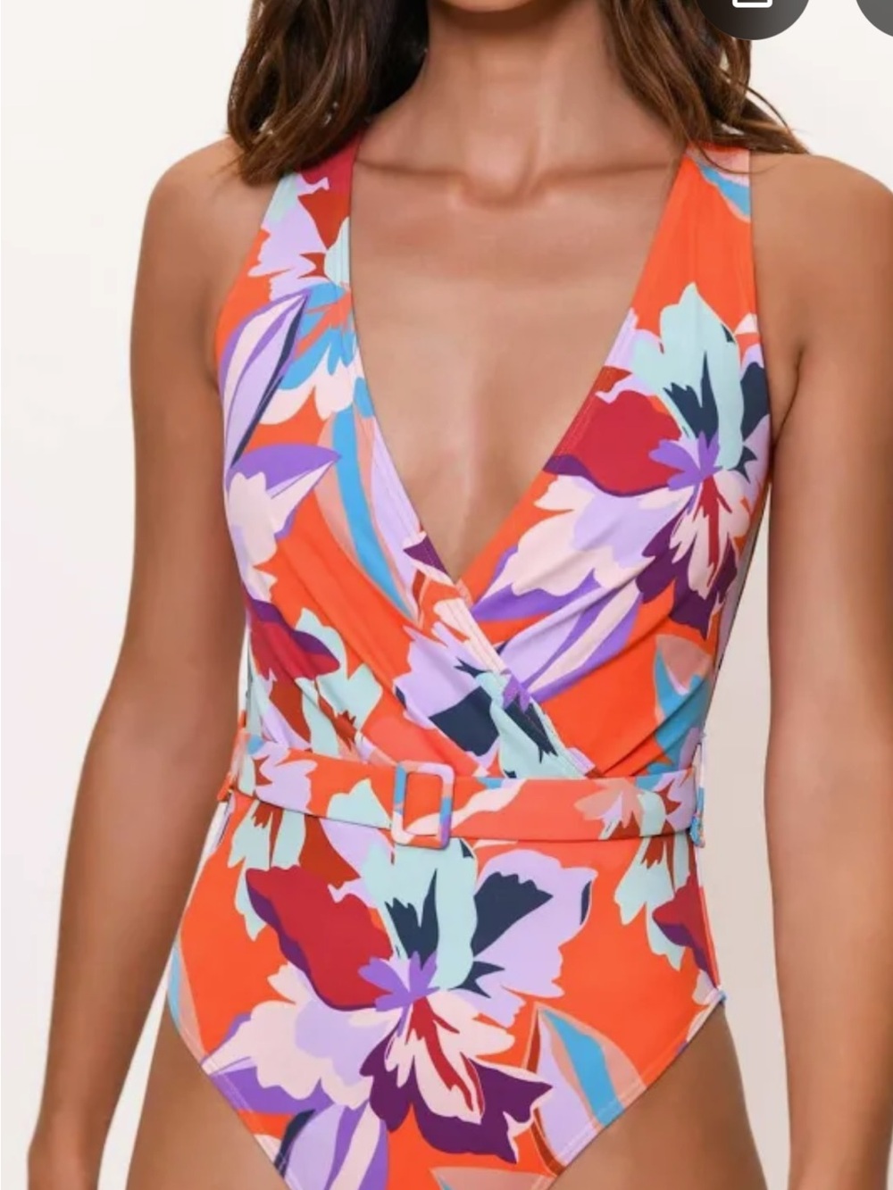 Hutch Floral Belted One-Piece Swimsuit in Orange, Purple, Aqua